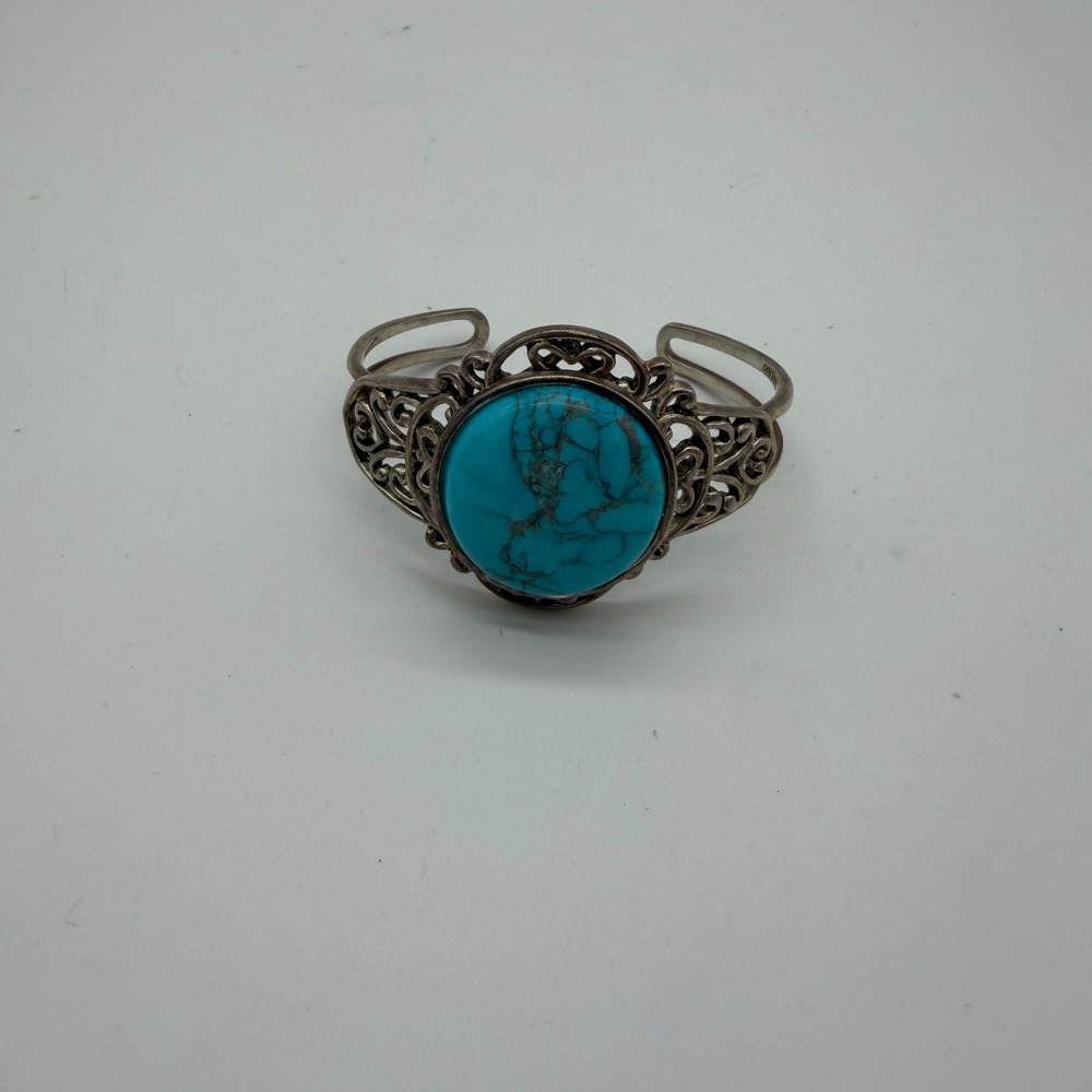 Barse Thailand Turquoise Filigree Cuff Bracelet Silver Tone Southwestern Boho